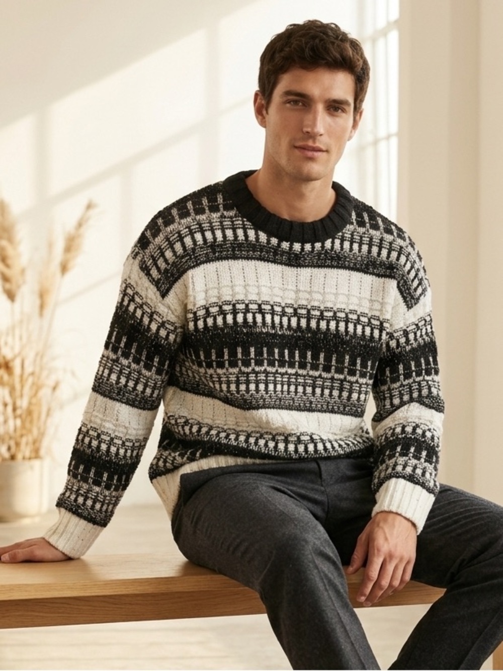 TOPMAN Black White Chunky Knit Sweater Men’s XL Oversized Natural Fiber